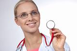 Close-up of a beautiful female doctor with stethoscope