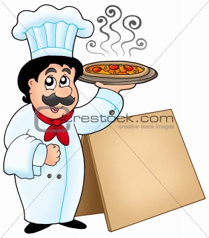 Chef holding pizza with table