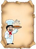 Parchment with chef holding pizza