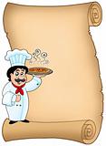Scroll with chef holding pizza