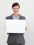 Attractive businesswoman holding white card