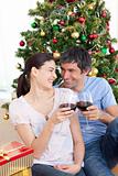 Lovers drinking wine at homa at Christmas time