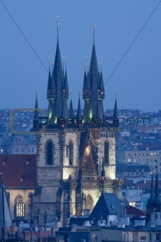 czech republic, prague - towers of tyn church at dusk