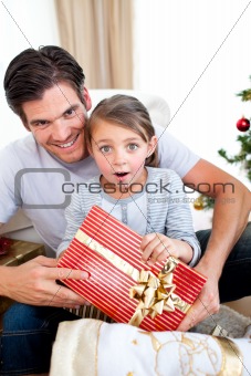 Portrait of a surprised little girl holding a Christmas present