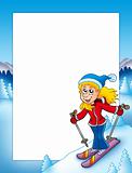 Frame with cartoon skiing woman