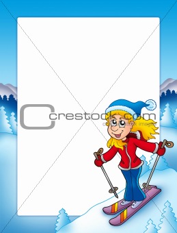 Frame with cartoon skiing woman