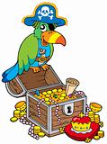 Big treasure chest with pirate parrot
