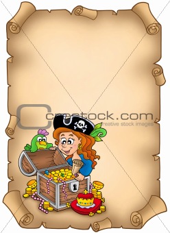 Parchment with pirate girl and treasure