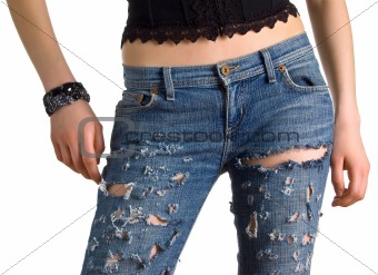 young girl in a black corset and blue jeans