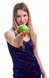 girl in blue dress with a green apple