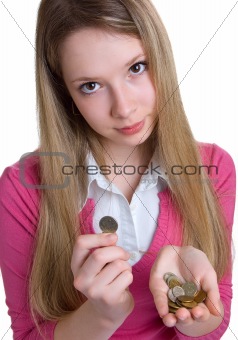 serious girl with coins on hands