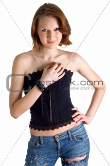 girl in a black corset and dark blue jeans