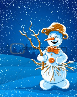 smiling snowman in winter night