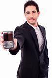 Business man showing a mobile phone