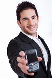 Young business man showing mobile phone