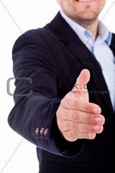 Business man welcomes you with open hand