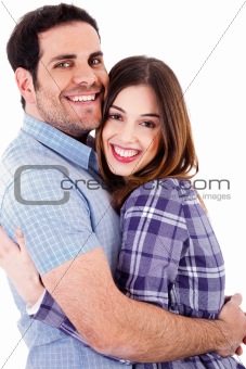 Happy lovers hug each other