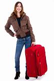 Women ready for travel carrying her suitcase