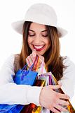 Closeup of women holding her shopping bags very happily