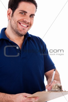 Casual man writting on a pad