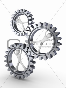 Team power (three men posing inside gears)