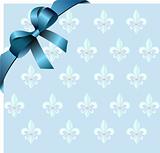 Page corner with blue  ribbon and bow on royal lily background. 