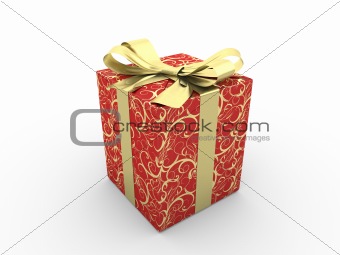 Red gift box fancy bow (gold stripe with stars on red packaging paper)