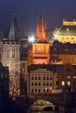 czech republic, prague - towers of the old town and national theatre at dusk