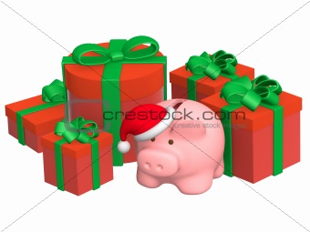 Christmas gifts and piggy bank