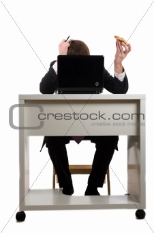 businessman eating pizza