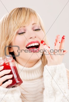 happy teenage girl with raspberry jam