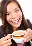 Beautiful ethnic woman with coffee smiling