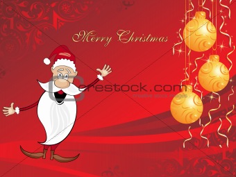 xmas background with cartoon santa, hanging balls