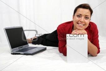 businesswoman and a software box