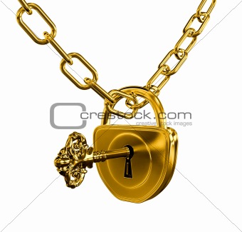 Gold lock with key and chain isolated