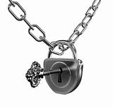 Silver lock with key and chain isolated