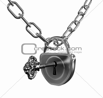 Silver lock with key and chain isolated