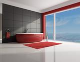 minimalist red and brown bathroom