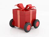 red gift box on wheels