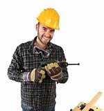 isolated standing handyman with electric drill 