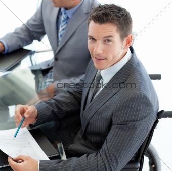 Close-up of a caucasian businessman in a wheelchair 