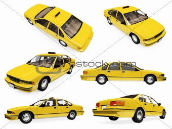 Collage of isolated yellow taxi