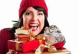 Happy, Attractive Woman Holds Holiday Gifts Isolated on a White Background.
