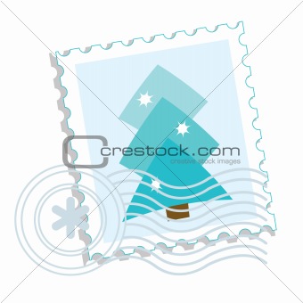 Festive Christmas and New Year postage-stamp with snow-covered f
