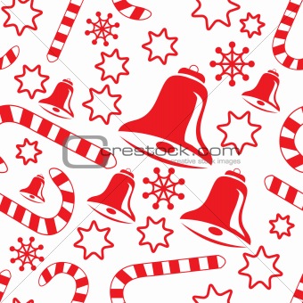 Seamless pattern with hand bells, candy canes, snowflakes and st
