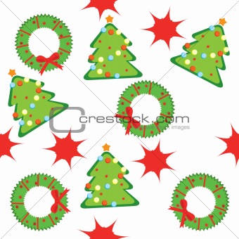Seamless pattern with christmas trees, wreaths and stars