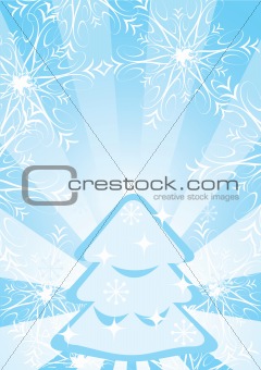Blue Christmas background with fir-tree, snowflakes and stripes