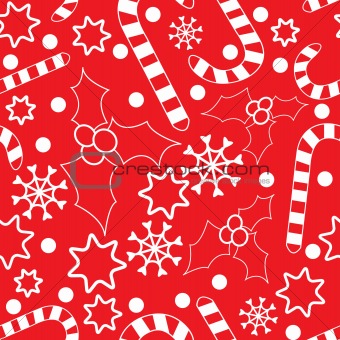 Seamless pattern with hollies, candycanes, snowflakes and stars