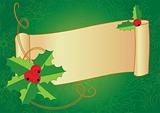Christmas banner with holly, berries and vintage scroll