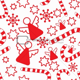 Seamless pattern with christmas angels, candy canes, snowflakes 